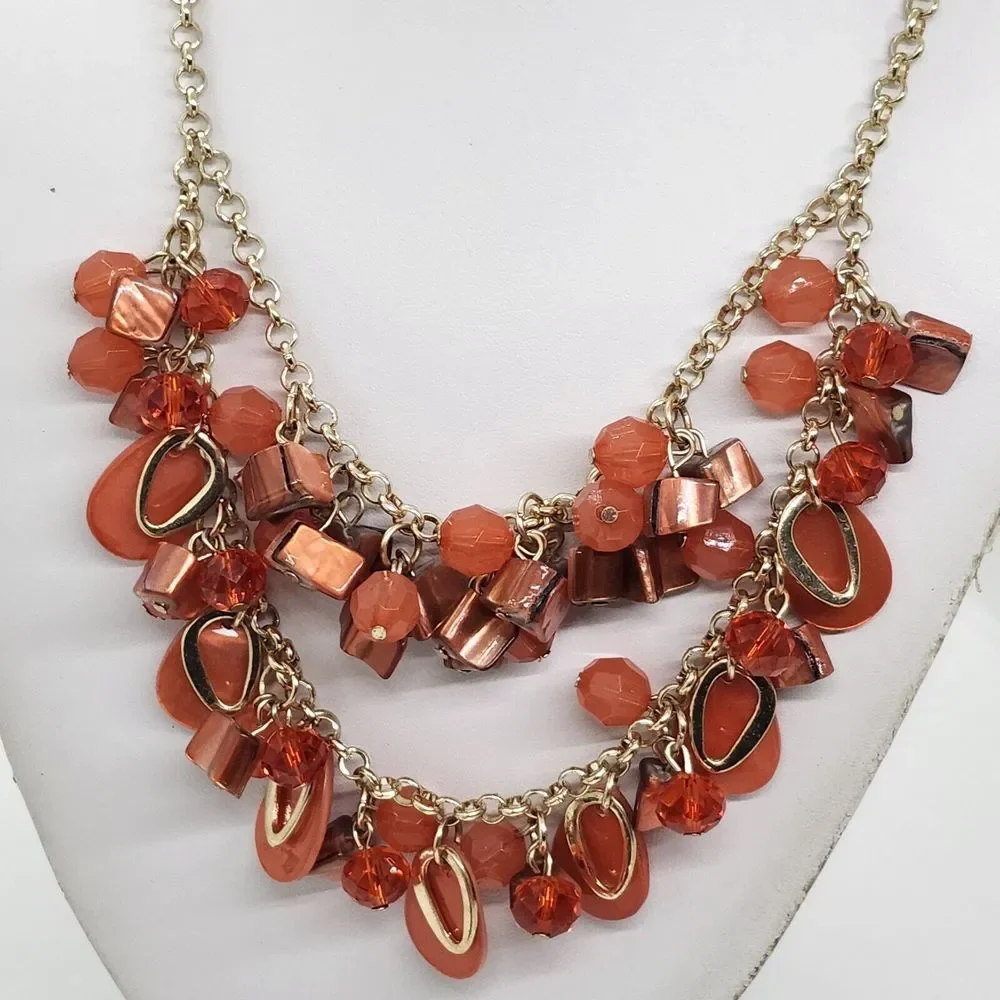 Orange Bead And Shell Double‎ Strand Bib Necklace
